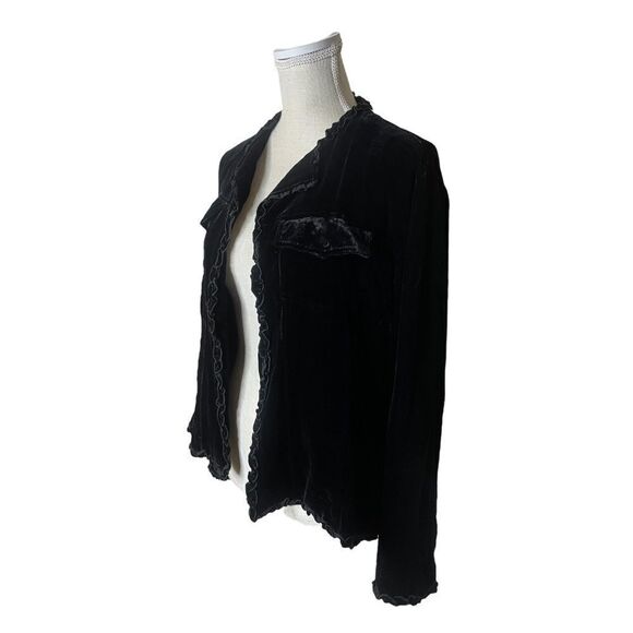 Chico’s Silk Blend Velvet Cardigan Style Jacket With Ruffle Detail - Picture 8 of 14